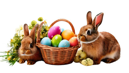 Easter Eggs In Basket with  Scene Of Bunny, Rabbit on White Background
