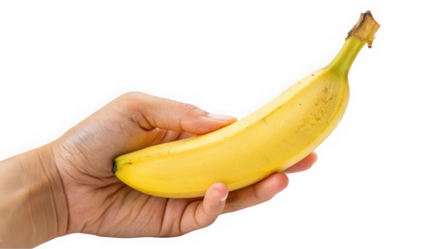 A hand holding a ripe yellow banana, showcasing its bright color and smooth texture against a clean background.