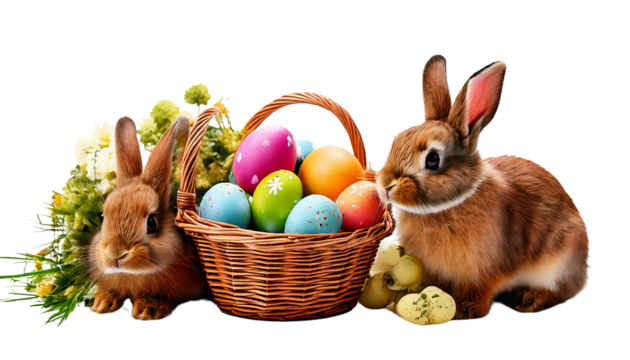Easter Eggs In Basket with  Scene Of Bunny, Rabbit on White Background
