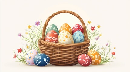Easter basket filled with colorful decorated eggs and spring flowers.