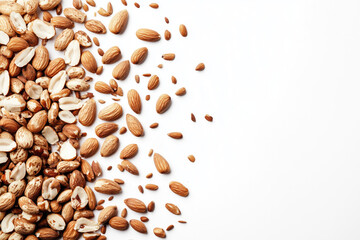 Roasted peanuts and almonds placed together on a white background for a tempting snack display