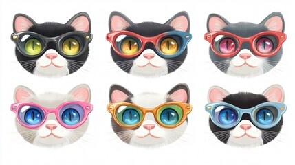 Fototapeta premium Six Cartoon Cats Wearing Stylish Glasses: Cat Has Unique Eyewear Style