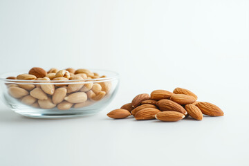 Roasted peanuts and almonds on a white background, a classic and wholesome snack duo for food photography.