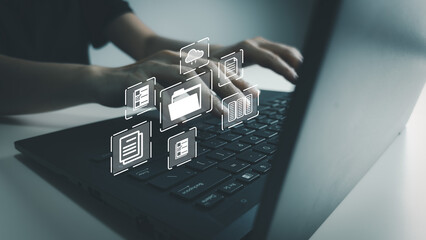 Document Management System, Officer using laptop manage files, Online document database management, automated processes to manage system, ERP enterprise efficient, business technology