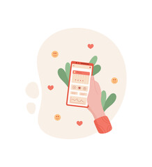 A hand holds a smartphone displaying a calendar app. A user interacts with mobile app on the phone screen. Digital device showcases modern lifestyle, flat style, creating stylish image for online