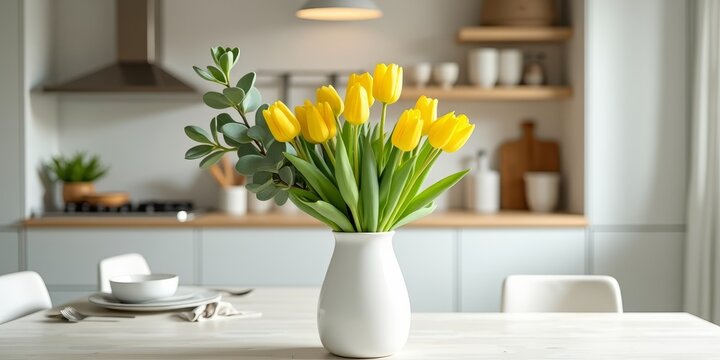 A bouquet of vibrant yellow tulips adds a pop of color and elegance to any room