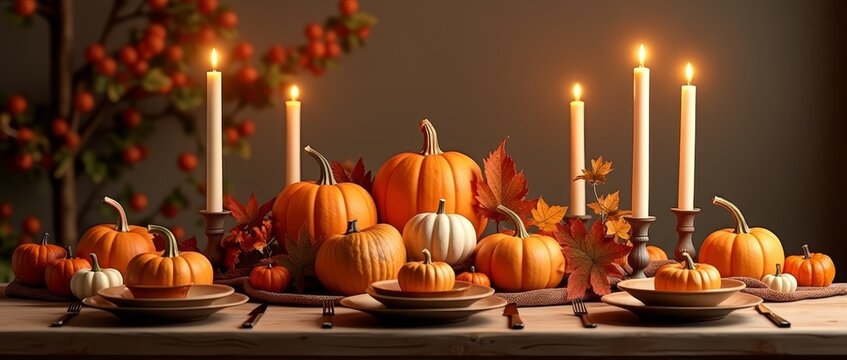 Autumnal table setting with pumpkins and candles