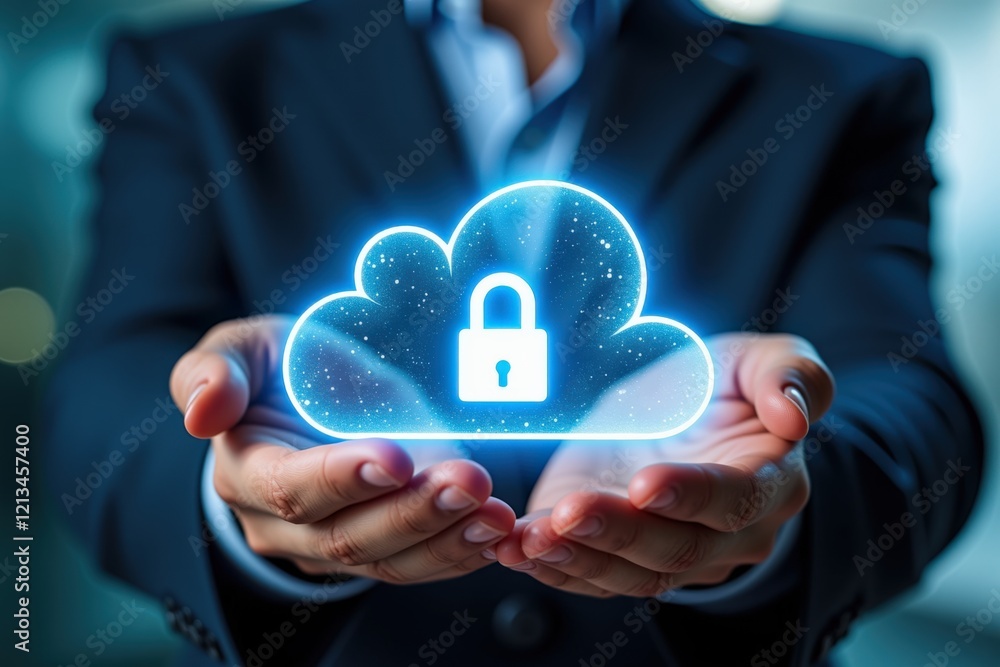 Poster secure cloud storage concept: hands holding a digital lock cloud symbol for data protection and cybe