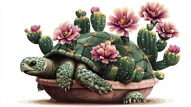 Turtle-shaped Flowering Cactus in Pot: Unique Potted Plant Illustration
