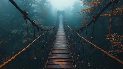 Fototapeta premium Ethereal Fog Shrouds a Wooden Suspension Bridge in a Forest Landscape