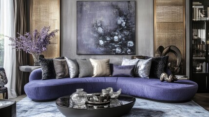 A chic living room showcasing a blue-purple chaise lounge, metallic decor, and abstract art.