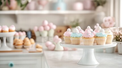 A bright kitchen with a spotless countertop, showcasing Easter treats like cupcakes and cookies arranged neatly, with soft pastel decorations in the background.