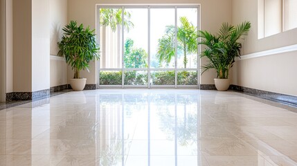 Lobby with polished floor, plants, and window view