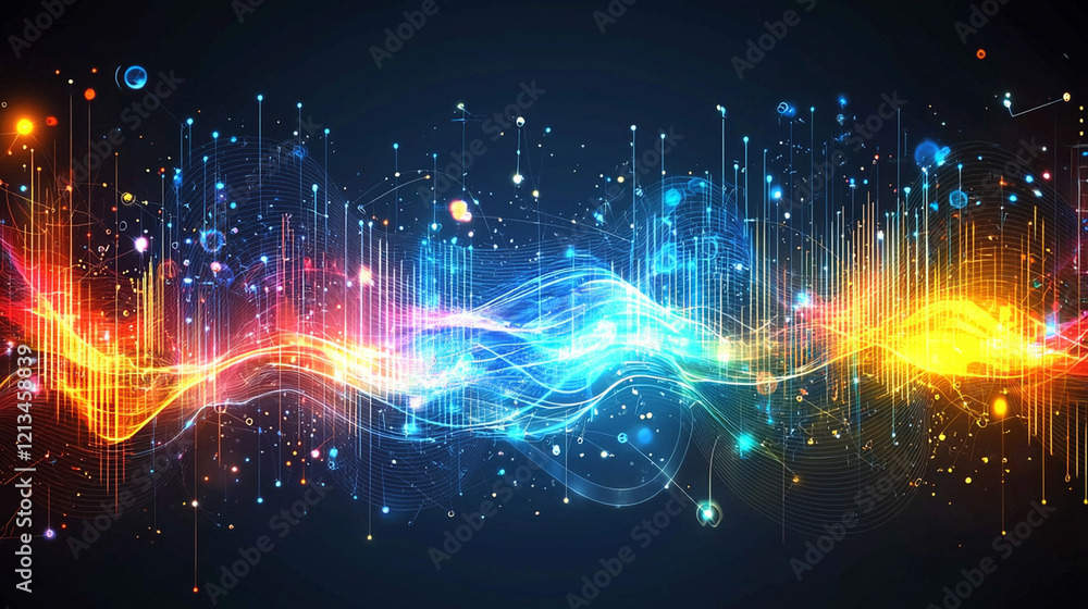 Poster abstract colorful wave with glowing particles.