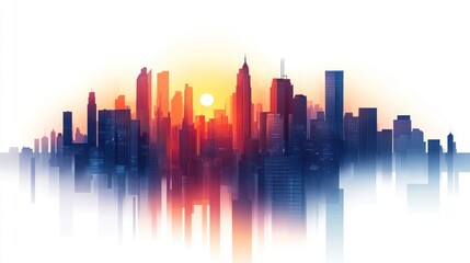 Cityscape sunrise, urban skyline, buildings reflecting in fog.