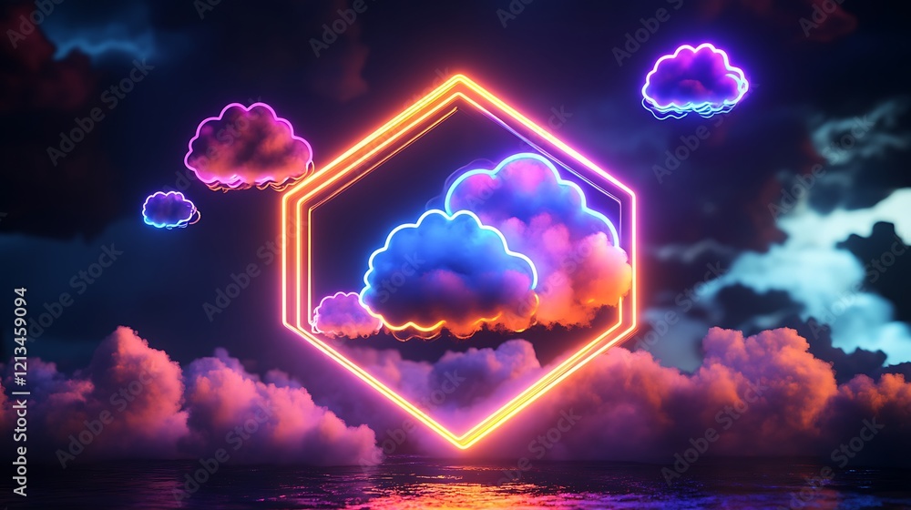 Poster neon cloudscape: a digital dreamscape of glowing clouds and hexagonal frame