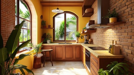 A cozy kitchen interior with Yellow Grape accents, polished stone countertops, and rustic wooden elements.