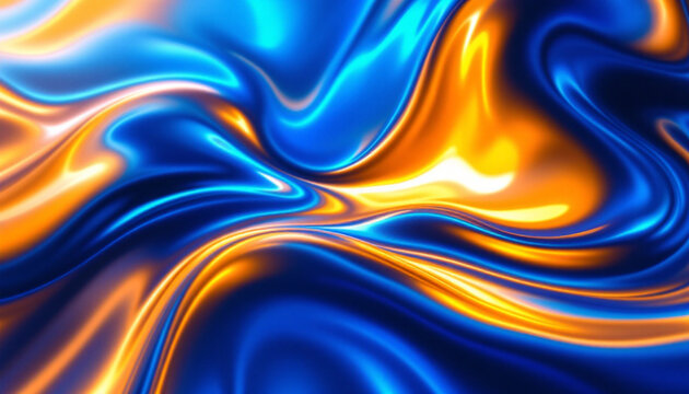 Abstract wavy blue and orange liquid design with glowing light effects