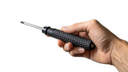 Close-up of a male hand holding a black screwdriver against a plain background.