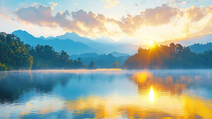 Sunrise over tranquil lake with misty mountains.