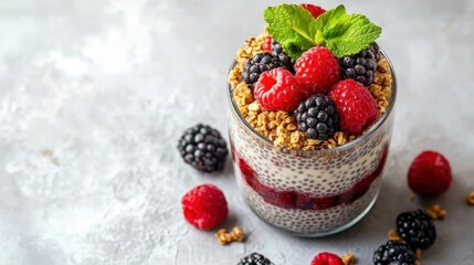 Chia seed pudding, berries, granola, breakfast, gray background, healthy food, recipe