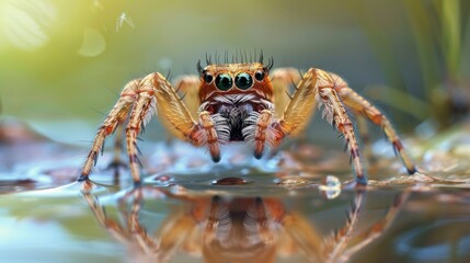 Fototapeta premium Brown spider with long legs in a puddle in nature, AI generated image