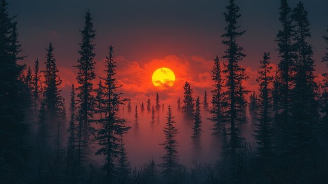 A serene forest silhouetted against a vibrant sunset sky with emerging fog