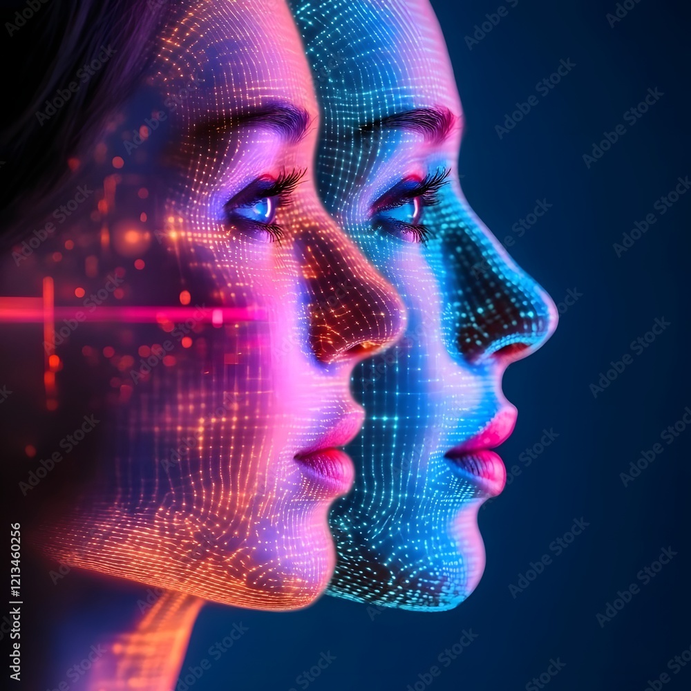 Poster two profiles with digital patterns, symbolizing technology and identity.