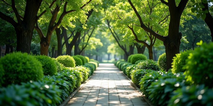 A serene pathway surrounded by lush greenery - Powered by Adobe