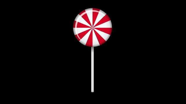 Lollipop on stick animation. Sweet candy animation. Animation for new years day, winter holiday, dessert, new years event. Transparent background with alpha channel