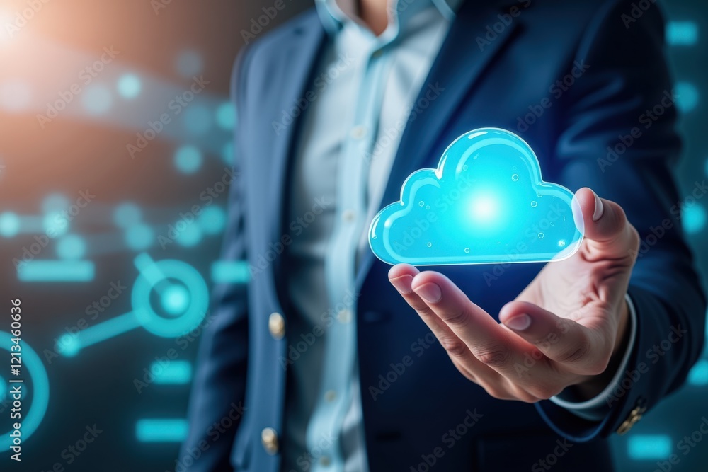 Poster modern businessman holding virtual cloud symbolizing cloud computing technology for digital transfor