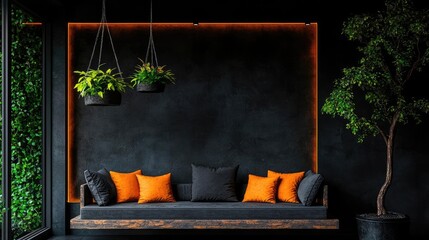 Dark modern lounge with plants, orange cushions, and wall feature