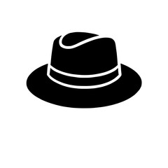 Classic Fedora Hat Icon: A simple yet elegant illustration of a classic fedora hat, presented in a bold black silhouette against a clean background.
