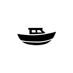 Simple Boat Icon: A minimalist black silhouette of a small motorboat, perfect for nautical themes, travel, or transportation icons. 