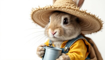 Cute Bunny in Straw Hat Drinking Coffee