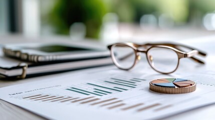 Office desk, financial charts, eyeglasses, planning, blurred background, business analysis
