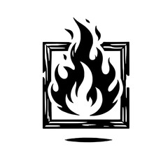Burning Passion: A minimalist, black and white illustration of a burning flame trapped inside a wooden frame, symbolizing an uncontainable passion or a fiery spirit.