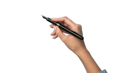 A close-up of a female hand, with light skin tone, elegantly holding a sleek black fountain pen.