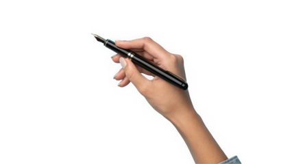 A close-up of a female hand, with light skin tone, elegantly holding a sleek black fountain pen.
