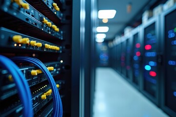 High-Tech Data Center Interior with Network Servers and Cables, Showcasing Modern IT Infrastructure for Cloud Computing and Data Management Solutions