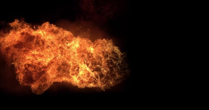 Violent Flamethrower Fireball Firestorm Explosion. A flamethrower fireball explodes towards the camera. Gasoline burn pyrotechnics for visual effects (VFX) element creates a seamless wipe transition.