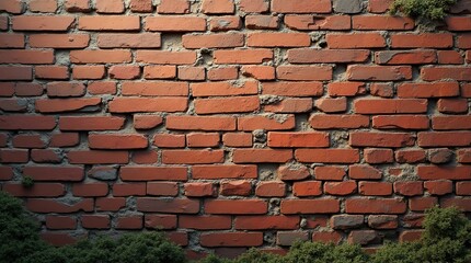 Obraz premium Weathered Red Brick Wall with Cracks and Green Moss Edges