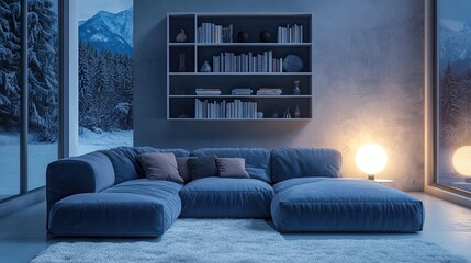 A modern living room with a blue-purple sectional sofa, a minimalist bookshelf, and soft ambient lighting.
