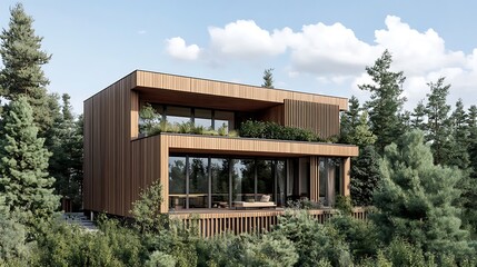 Fototapeta premium Modern Wood House Design in Forest Setting