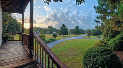 Naklejka premium 52.A panoramic view from a wooden porch with a wide staircase leading down to a paved driveway, surrounded by a well-maintained front yard and a winding road in the distance.