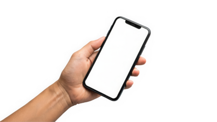 A close-up of a male hand holding a modern smartphone with a blank screen, perfect for showcasing apps or digital content.