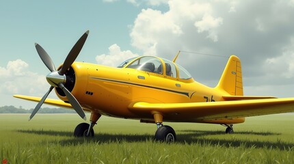 Bright Yellow Airplane Parked on an Idyllic Green Field