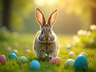 A cute bunny with long ears, surrounded by colorful eggs on a grassy field