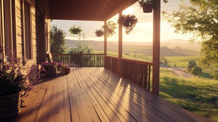 54.A front porch made of polished wood, complete with railings and hanging plants, overlooking a quiet road and distant rolling hills during a soft golden-hour glow.