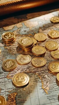 Gold coins scattered on a vintage map highlighting ancient maritime trade routes in a historical setting